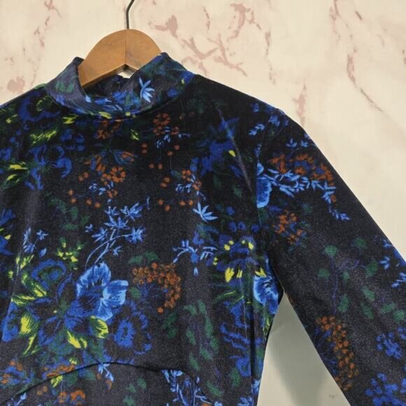 Maeve Dress Womens XS Blue Floral Velvet Midi Keyhole Constance Slit - Picture 12 of 13